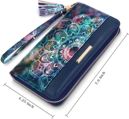 Vista 2 de Carteras para mujer, de piel sintética, tarjetero organizador con borla y correa de muñeca, Mándala, Casual