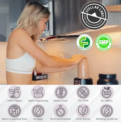 Vista 3 de Stellar Labs Proteína vegana en polvo con BCAA y antioxidantes Certificado bajo en FODMAP, sin OMG, sin gluten, sin soja, bajo en carbohidratos