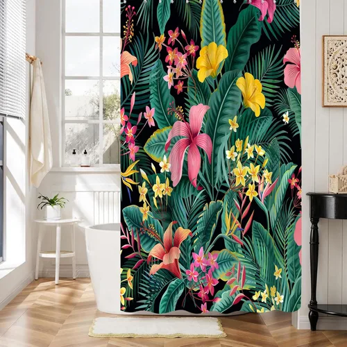 Vista 6 de Cortina de ducha con diseño floral de plantas tropicales, palmeras verdes, hojas de plátano, flores rosas, selva botánica, naturaleza, cortina