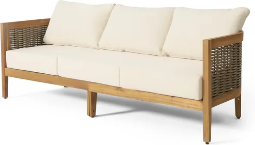 Vista 6 de Merax Sofá de mimbre de madera de acacia al aire libre de 76.5 pulgadas, sofá de 3 plazas para patio trasero