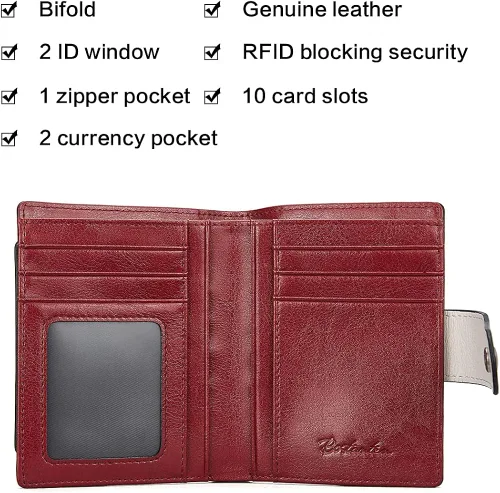 Vista 3 de BOSTANTEN - Billetera de cuero para mujer con bloqueo RFID, pequeña, con cremallera, de bolsillo, para tarjetas, con ventana para documento