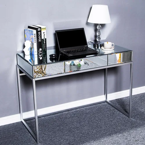 Vista 8 de Moderna mesa de consola plateada con espejo con 2 cajones de almacenamiento, escritorio rectangular de tocador, mesa de tocador de maquillaje
