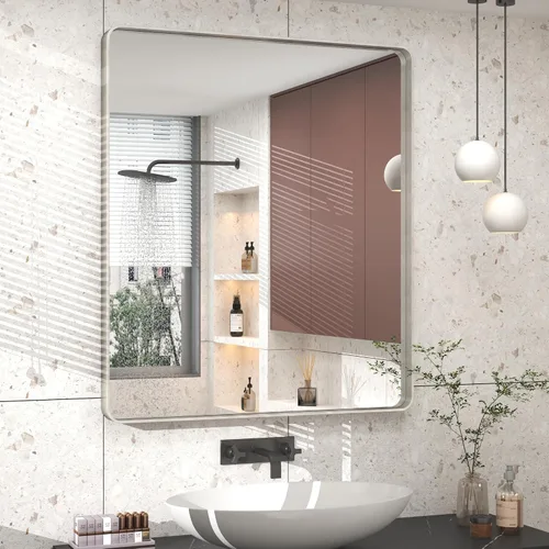 Vista 14 de Paquete de 2 espejos de baño con marco de metal negro de 22 x 30 pulgadas, espejo rectangular redondeado negro mate, antioxidante, se cuelga