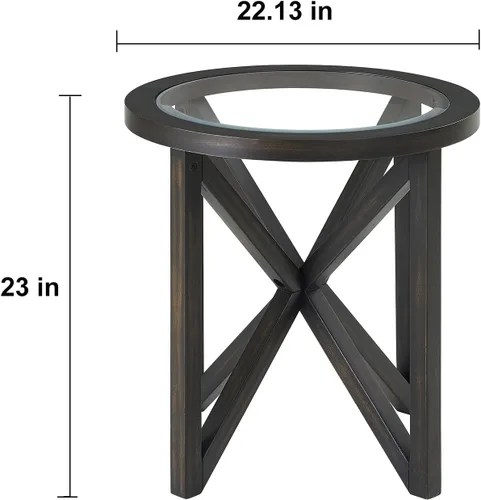 Vista 3 de Mesa auxiliar redonda de 22.1 pulgadas, mesa auxiliar moderna con parte superior de vidrio templado y base de madera maciza para espacios pequeños