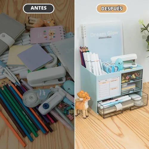Vista 3 de QIYVLOS Organizador de escritorio con 3 cajones, portaplumas multifuncional para escritorio, organizadores de escritorio y almacenamiento con 8