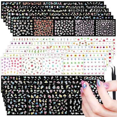 Vista 7 de Blulu 5000 calcomanías para uñas de flores, 100 hojas de calcomanías autoadhesivas 3D, calcomanías de múltiples diseños, calcomanías de manicura