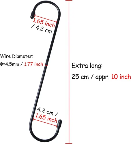 Vista 2 de YourGift Paquete de 6 ganchos en S extralargos y resistentes de 10 pulgadas para plantas colgantes, armario, flores, canastas, jardín, patio, Negro