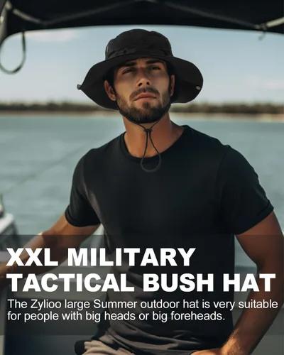 Vista 5 de Zylioo Sombreros Boonie de gran tamaño XXL, sombrero táctico militar de safari para cabezas grandes, sombreros de caza ligeros con correa
