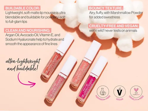 Vista 2 de wet n wild Crema de labios Cloud Pout con malvavisco, Pink Girl, You're Whipped Aceite de argán Vitamina E Sabor a malvavisco