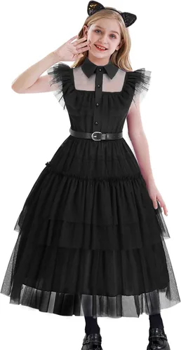 Vista 5 de juskid Wednesday Addams Disfraz Niñas Niños Vestido Halloween Disfraces Niñas Miércoles Regalos Merlina Negro Princesa Vestir