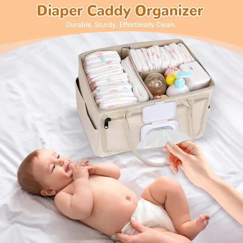 Vista 6 de Volnamal Organizador de pañales con dispensador de toallitas con acceso con una sola mano, organizador de pañales de alta calidad, organizador Beige