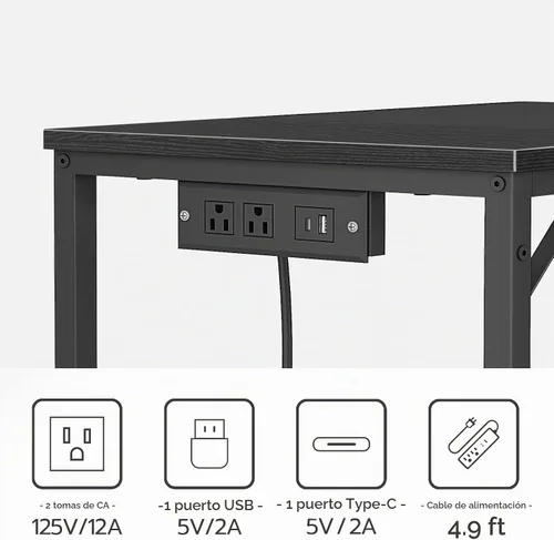 Vista 5 de HOOBRO BB40UDN01 - Escritorio pequeño de 31.5 pulgadas con toma de corriente, mesa de escritura con puertos de carga USB y 3 ganchos para oficina