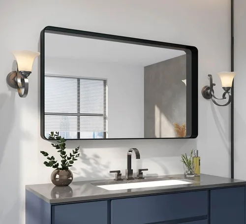 Vista 8 de Espejo de baño moderno con marco negro para pared, espejo redondo rectangular de 30 x 22 pulgadas, espejo de tocador de baño negro mate, espejo