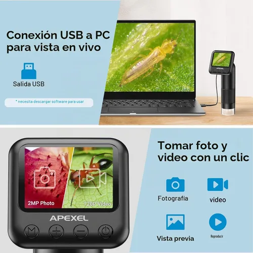 Vista 5 de APEXEL 800X Microscopio digital de mano con pantalla LCD de 2 pulgadas, microscopio portátil de bolsillo con luces LED ajustables, microscopios