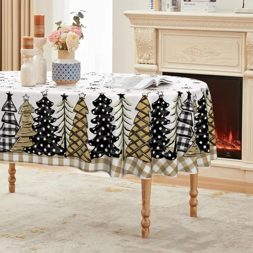 Vista 13 de Horaldaily Mantel de Navidad 52×70 Pulgadas Rectangular, Árboles de Navidad con Diseño de Búfalo a Cuadros Negro Lavable, Cubierta de Mesa
