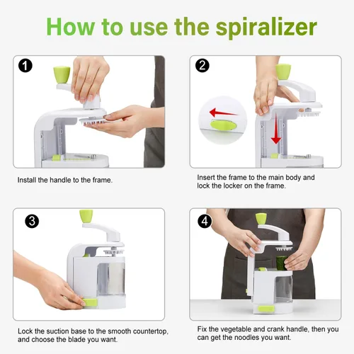 Vista 4 de Spiralizer - Cortador de verduras 4 en 1 cuchillas giratorias para verduras, máquina de fideos en espiral de calabacín con fuerte ventosa, cortador