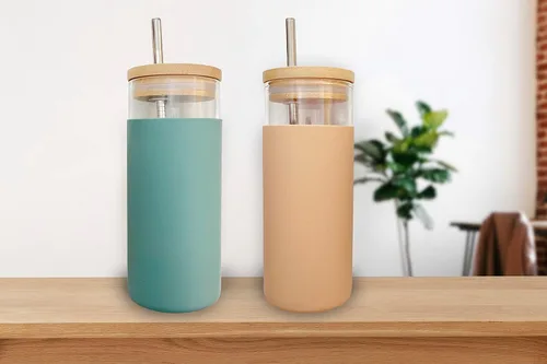 Vista 3 de ANSAP - Vaso de vidrio de 20 onzas, botella de vidrio, funda protectora de silicona, popote de acero inoxidable, 2 tapas de bambú, 100% vidrio