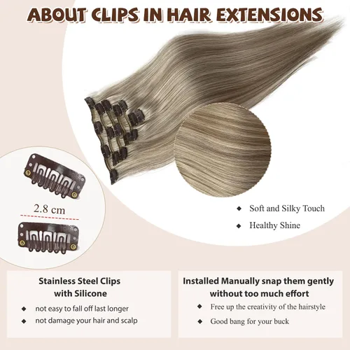 Vista 4 de Extensiones de cabello humano real con clip, de 12 pulgadas, para mujer, color rubio plateado, balayage, 2.47 oz, 7