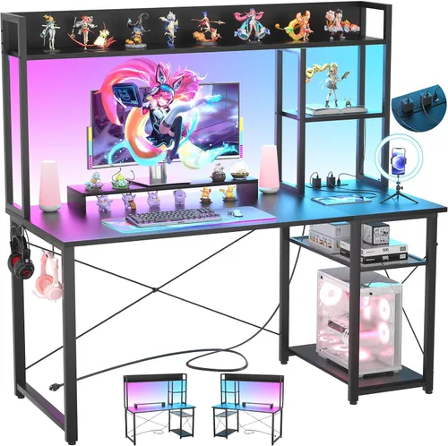 Vista 10 de Cyclysio Escritorio para juegos con gabinete, escritorio para computadora de 39 pulgadas con luces LED y tomas de corriente, escritorio de oficina