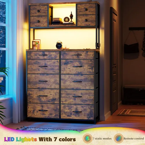 Vista 12 de Romorgniz Cómoda de 62 pulgadas de alto para dormitorio con luces LED y estación de carga, marrón Stable Steel Frame, Wood Top, Fabric Storage
