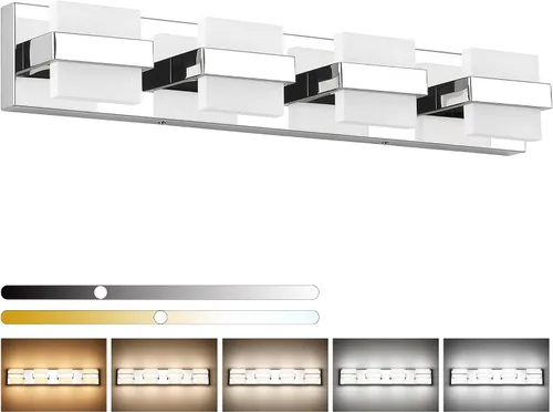 Vista 27 de SOLFART Lámpara de baño cromada de 3 luces, luz de tocador sobre el espejo, lámparas LED modernas, 5 colores de temperatura ajustable moderna