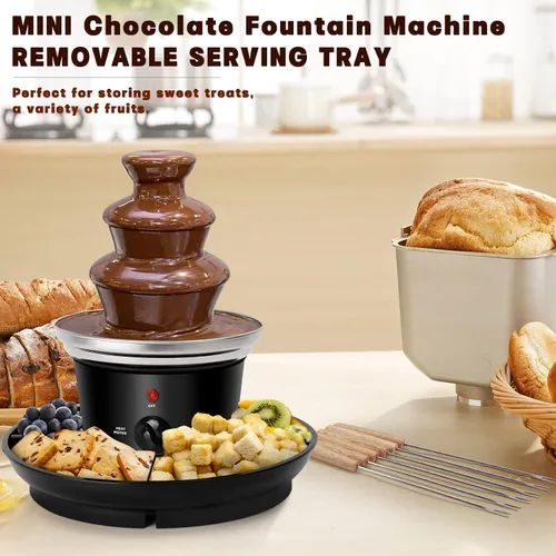 Vista 2 de Fuente de fondue de chocolate de 16 onzas, mini fuente de chocolate de 3 niveles con 6 tenedores de fondue y bandeja de extracción de frutas/frutos