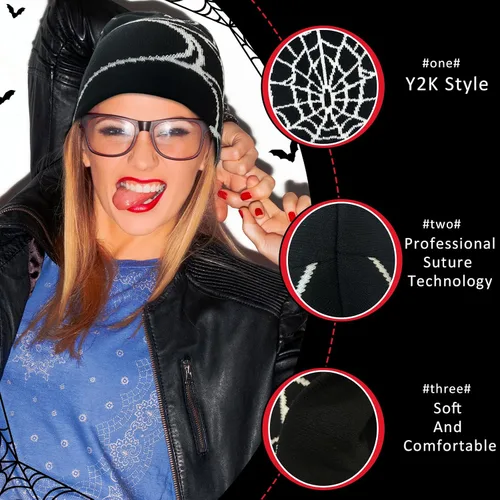 Vista 3 de Gorro de punto con orejas de gato para mujer, gorro de ganchillo con gorro de invierno a rayas, accesorios Y2K, gorros estilo gótico grunge