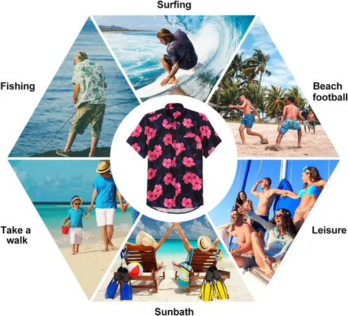 Vista 7 de Camisas hawaianas de manga corta para hombre, camisas tropicales casuales de verano, con botones, floral, para vacaciones, playa, Aloha Hawaii