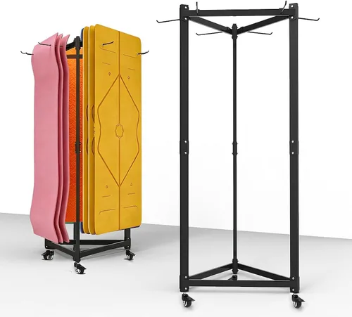 Vista 9 de Soporte para colchoneta de yoga colgante, carrito de almacenamiento de metal de doble cara sobre ruedas, estante para pilates de pie para gimnasio