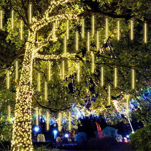Vista 3 de Paquete de 2 luces de Navidad extensibles para lluvia de estrellas al exterior, cadena de luces de 16 tubos 384 luces LED enchufables