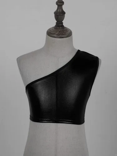 Vista 3 de Traje de baile de jazz de hip hop metálico brillante para niñas y niñas, top corto de un solo hombro con falda falda plisada