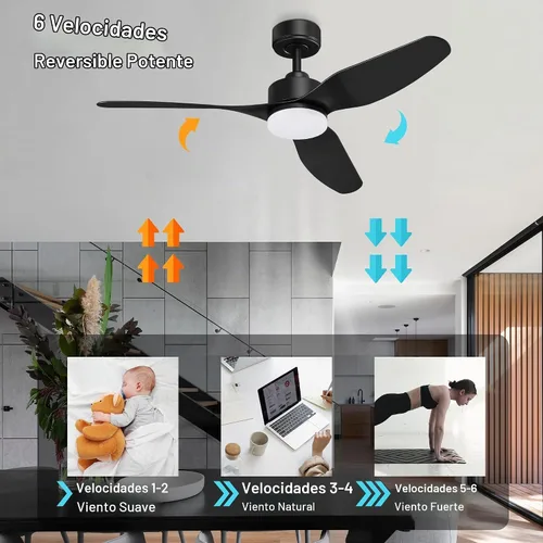Vista 4 de Hoenofly Ventiladores de techo inteligentes de 48" con luces LED y control remoto, motor de CC silencioso, regulable, ventilador de techo moderno