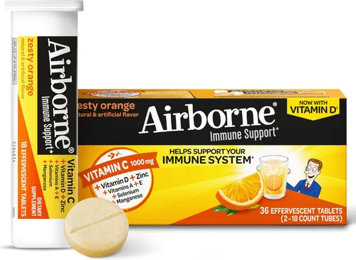 Vista 25 de Vitamina C 1000 mg (por porción), tabletas efervescentes Airborne Very Berry (36 unidades en una caja), suplemento de apoyo inmunológico sin gluten