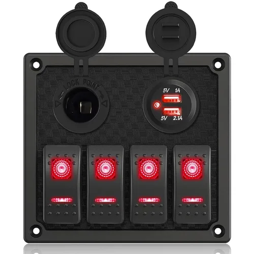 Vista 10 de Panel de interruptores de barco marino de 5 posiciones con cargador USB dual y voltímetro, panel de interruptores basculantes de aluminio