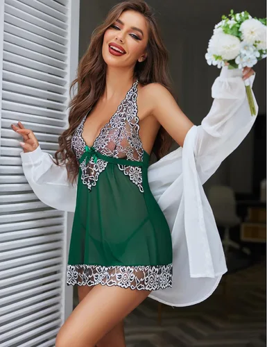 Vista 4 de Lencería Avidlove con cuello en V, de encaje, babydoll de malla, ropa de noche para mujer