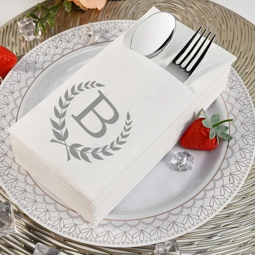Vista 2 de Servilletas de bolsillo con monograma de plata, 100 servilletas de cena con letra B con bolsillo integrado para cubiertos, servilletas de canguro