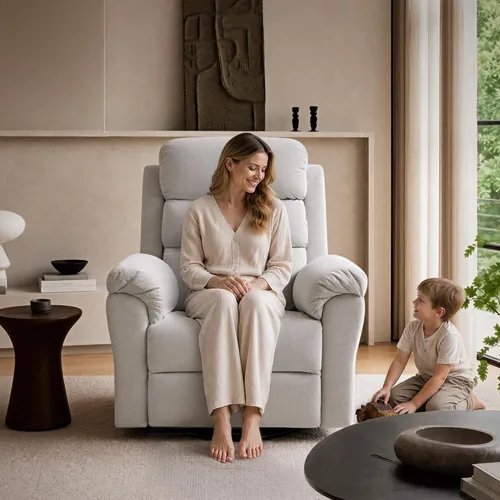 Vista 3 de FLEXISPOT Souffle-Pro - Silla reclinable giratoria con masaje y calor, reposacabezas ajustable, tela Oeko-TEX, marco de madera FSC, ideal para Gris
