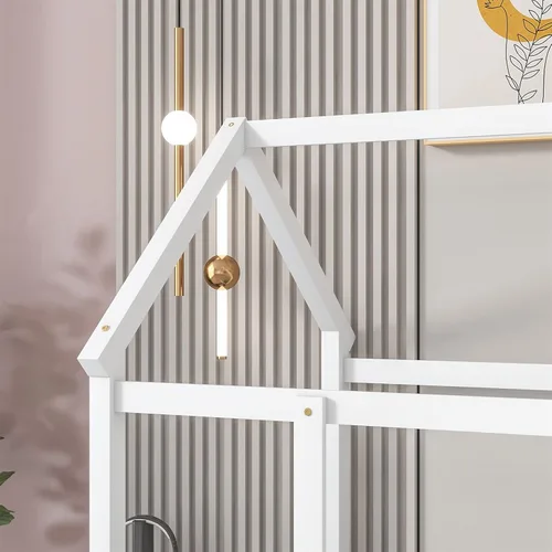 Vista 6 de LLS Base de cama individual con techo, cama Montessori de madera con valla, cama de casa para dormitorio de niños y niñas, blanco, blanco + pino