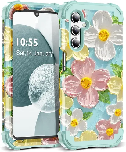 Vista 14 de Funda para Galaxy A14 5G Case, Patrón Floral 3 en 1 Protección Resistente de Servicio Pesado a Prueba de Golpes Parachoques de Goma de Silicona