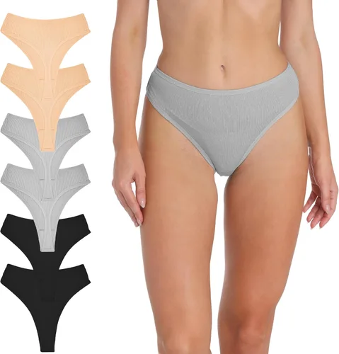Vista 15 de Tanga de algodón acanalado transpirable sin costuras de cintura alta para mujer, ropa interior de talla grande 2 negro/2 verde/2 vino tinto
