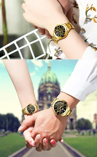 Vista 7 de Reloj de acero inóxidable dorado con cristales estilo clásico para hombre Fq-005
