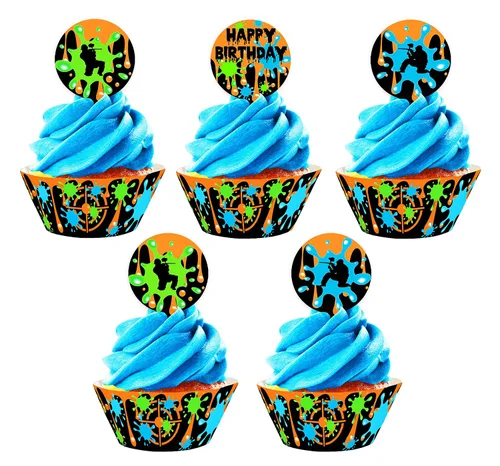 Vista 3 de Paintball - Decoración para cupcakes y envoltorios para cupcakes, 24 adornos para cupcakes y 24 envoltorios para cupcakes, decoraciones de fiesta