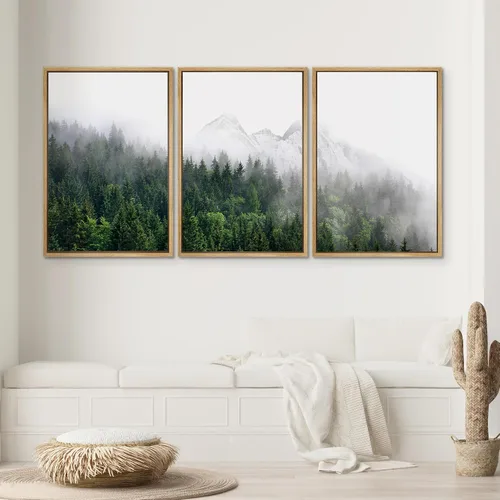 Vista 551 de SIGNWIN Lienzo enmarcado para pared, juego de arte pastel con cadena montañosa, bosque, niebla, naturaleza silvestre, ilustraciones modernas, arte