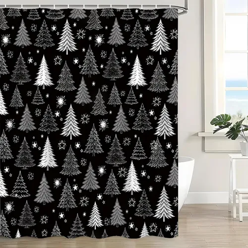 Vista 8 de Cortina de ducha con diseño de árbol de Navidad, color negro y blanco, diseño de árbol de Navidad retro, copo de nieve, diseño de pino de Año Nuevo