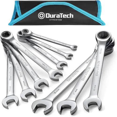 Vista 9 de DURATECH Juego de llaves de trinquete antideslizamiento, juego de llaves combinadas, 10 piezas, métricas 6-18mm, 72 dientes, niquelado, acero CR-V