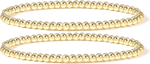 Vista 9 de Elegance 11 diseños - Pulseras de cuentas con bolas chapadas en oro de 14 quilates, elásticas y extensibles, pulseras con cuentas de oro para mujer