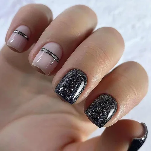 Vista 23 de Uñas postizas francesas con punta negra y borde corto, uñas falsas con diseños de hoja de oro, uñas de acrílico artificiales de cobertura completa