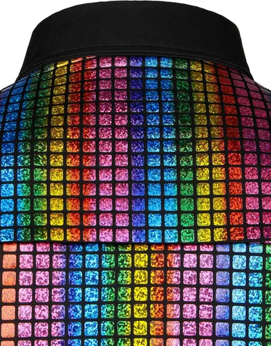 Vista 6 de JOGAL Camisa de vestir para hombre de lentejuelas plateadas manga corta botones hacia abajo de los años 70