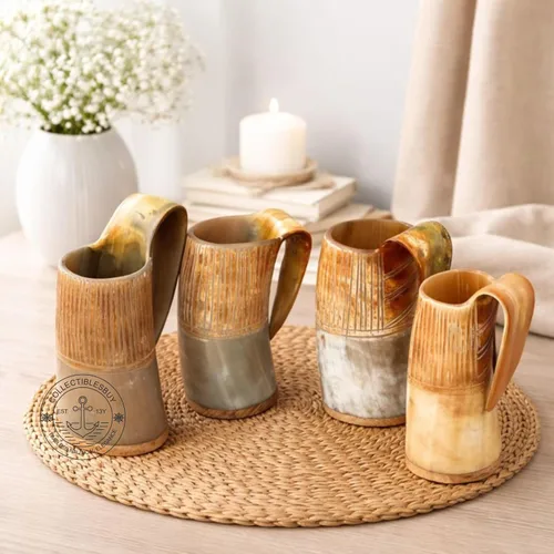 Vista 2 de Juego de 4 tazas estilo vikingo, tazas de cuerno hechas a mano de inspiración nórdica Tazas medievales de cerveza, cerveza Ale & Mead de 8.5 fl oz