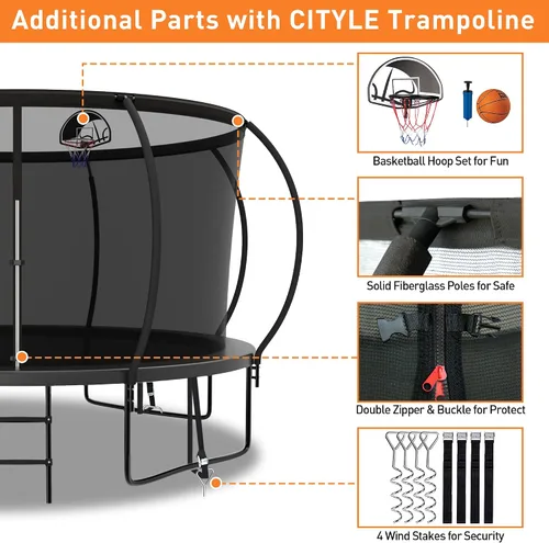 Vista 5 de Trámpolines de 1500 libras 8 10 12 14 15 16 pies para niños y adultos con red de protección, estacas para viento, aro de baloncesto, trámpolines